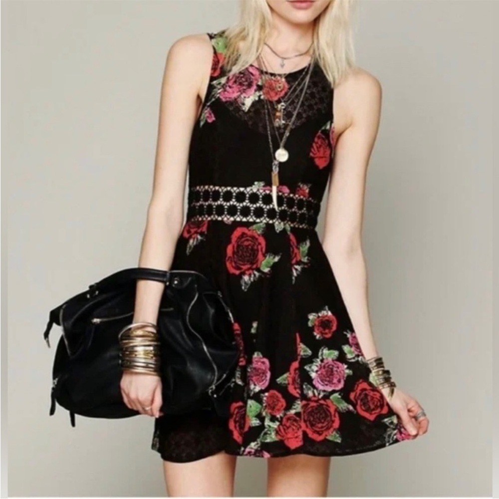 Free People Rose Lace Whimsigoth Mini Dress Floral Black Red Crochet Waist Sz 6